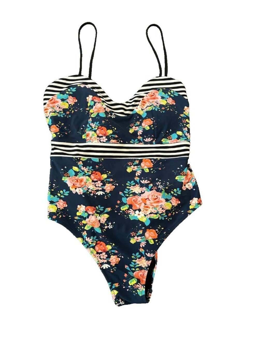 Cupshe One Piece Swimsuit‎ L Floral Stripe Navy Pink Padded Adjustable Straps
